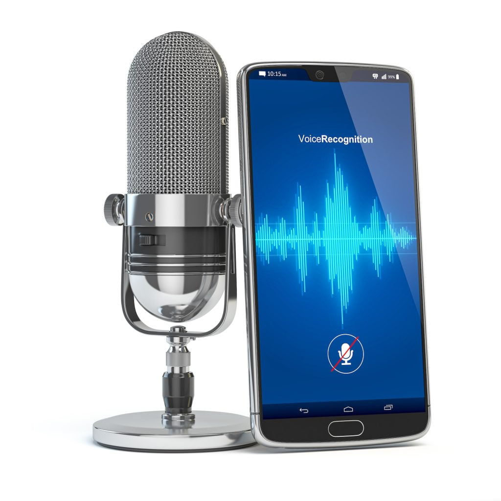 Voice Recognition concept. Microphone and smartphone or mobile phone with waves on the screen.