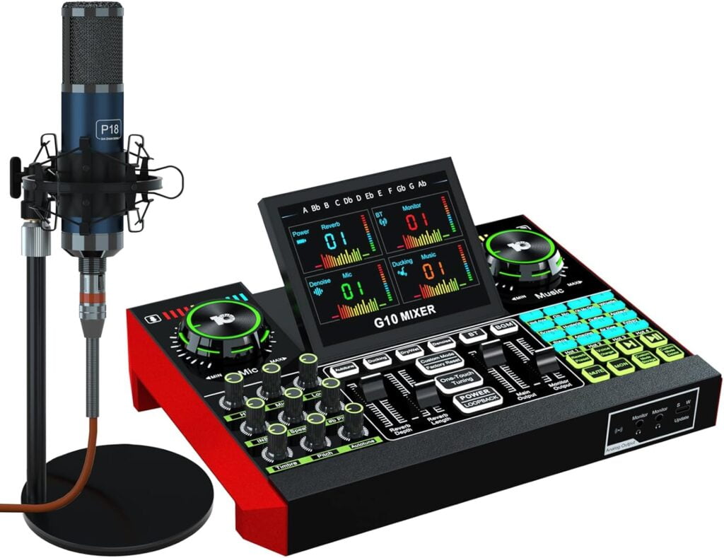 Podcast Equipment Bundle, P18 Microphone and G10 Live Sound Card, Audio interface, Sound Board, Voice Changer, Audio Mixer with Sound Card for PC Recording Gaming Live Streaming (G10-P18)