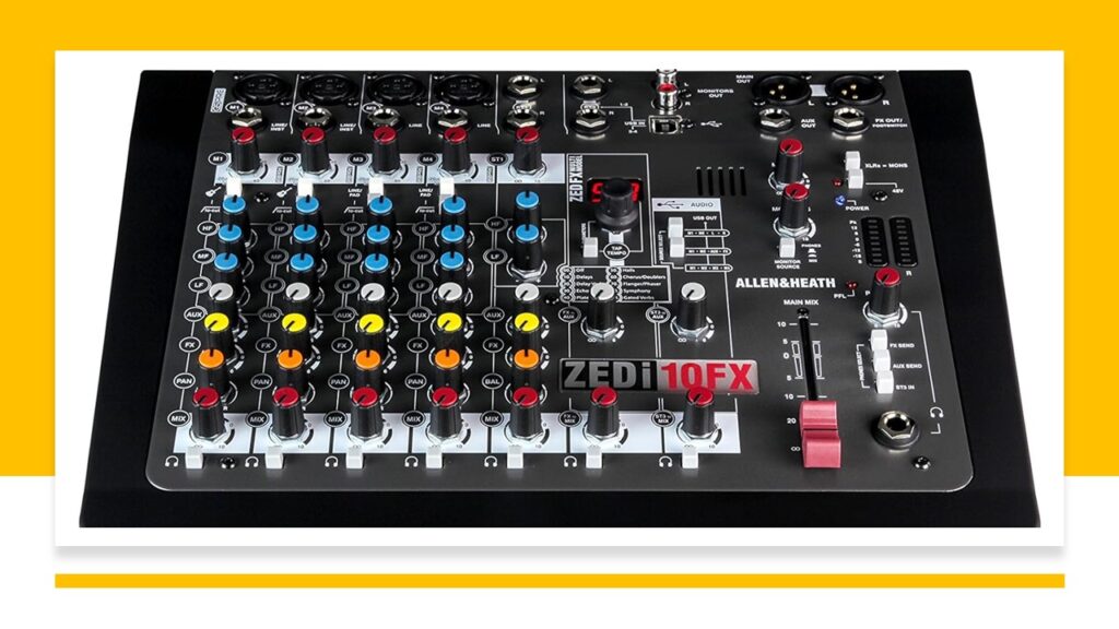 An Allen & Heath ZEDi-10FX Rackmountable Mixer with an array of colorful knobs and sliders on a sleek, black surface, featuring high-quality preamps and multi-effects for precise audio mixing.