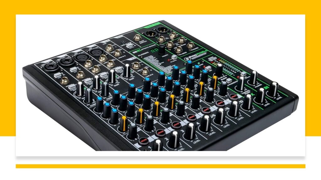 A Mackie ProFX8v2 USB Mixer displayed, showcasing its compact and versatile design with multiple channel inputs, USB connectivity, and an array of adjustment knobs for EQ, gains, and effects, perfect for home studios and live performance setups.