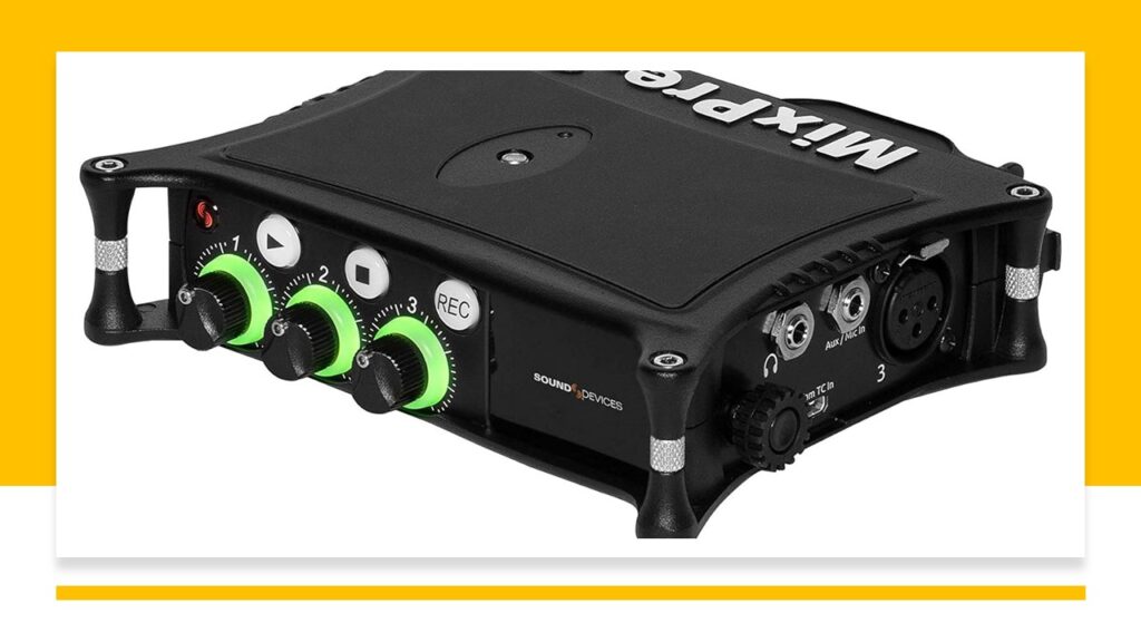A Sound Devices MixPre-3 II Field Mixer, showcasing its portable and durable design with high-quality knobs and connectors for on-the-go recording, ideal for field professionals in film and broadcast.